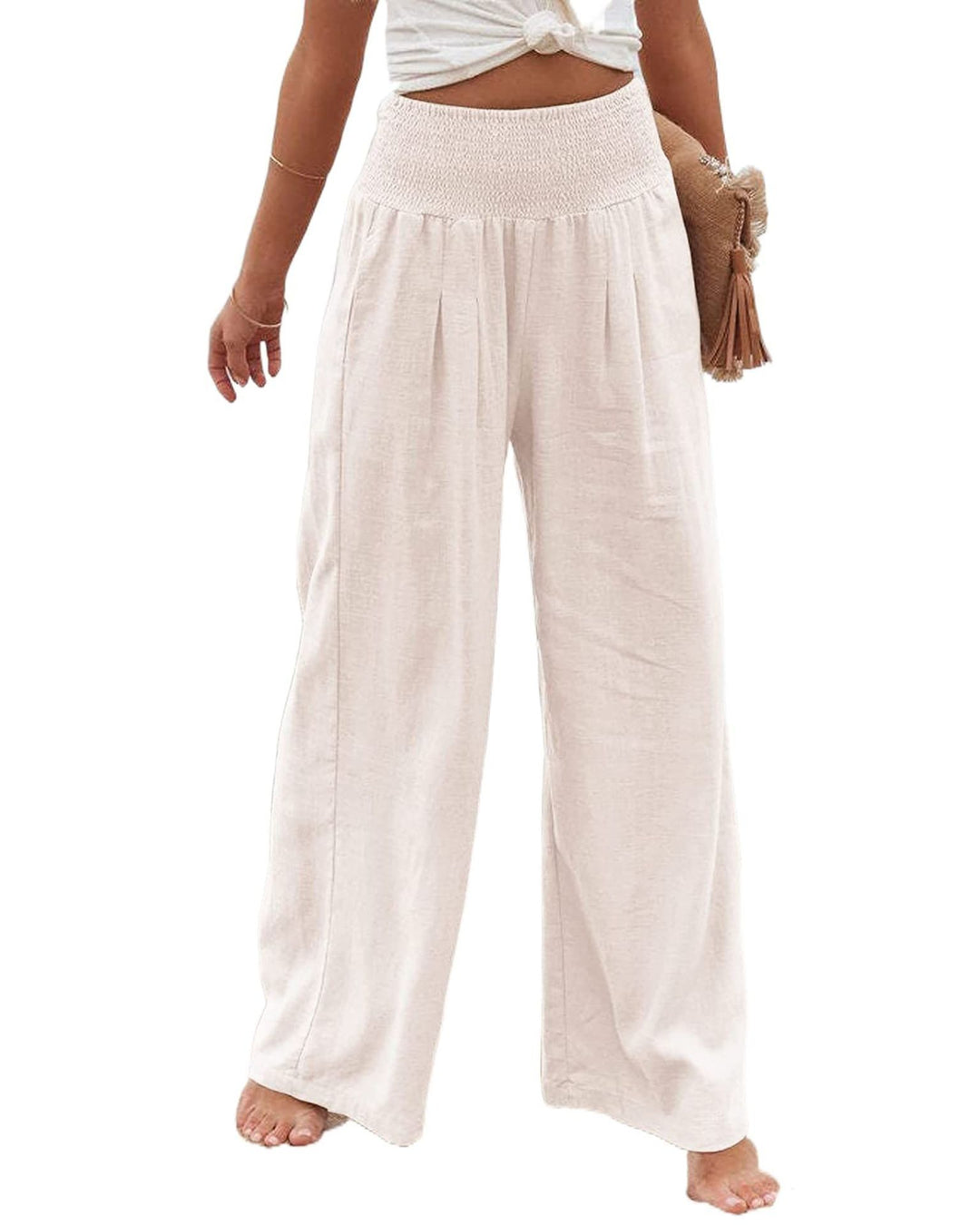 Damen Weite Leinenhose mit elastischem Bund und Falten Drune