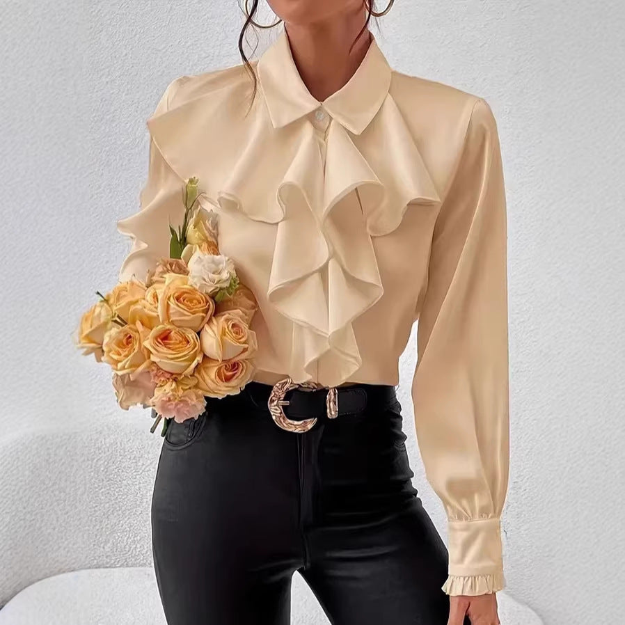 Damen Elegante Rüschenbluse mit Volants, Hemdkragen und Manschetten Drune