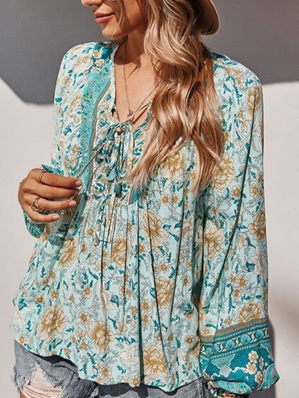 Damen Boho-Bluse mit floralem Print, V‑Ausschnitt mit Bindeband und Plissée-Details Drune