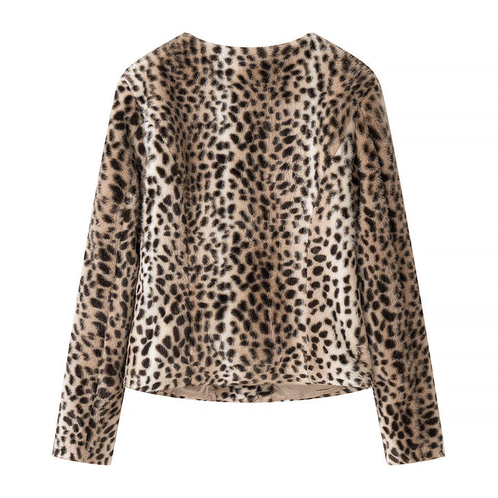 Damen Kurze Kunstfelljacke mit Leopardenmuster und Rundhalsausschnitt Drune