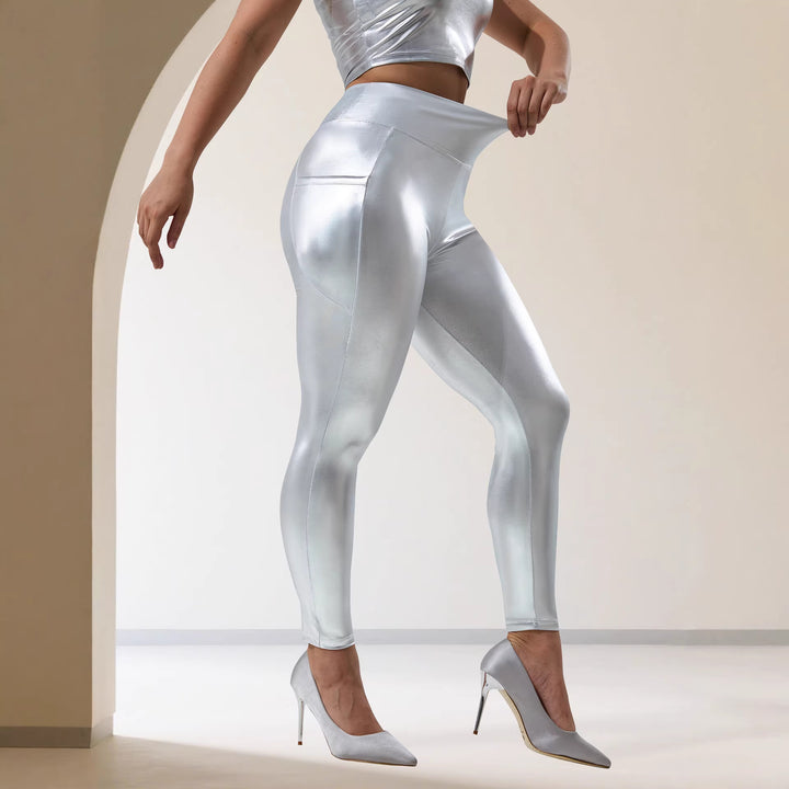 Damen Glänzende High‑Waist Capri-Leggings mit Smartphone-Seitentasche Drune