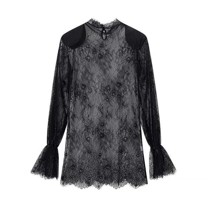 Damen nan transparente Spitzenbluse mit Stehkragen, Bindeschlüssel und Glockenärmeln Drune