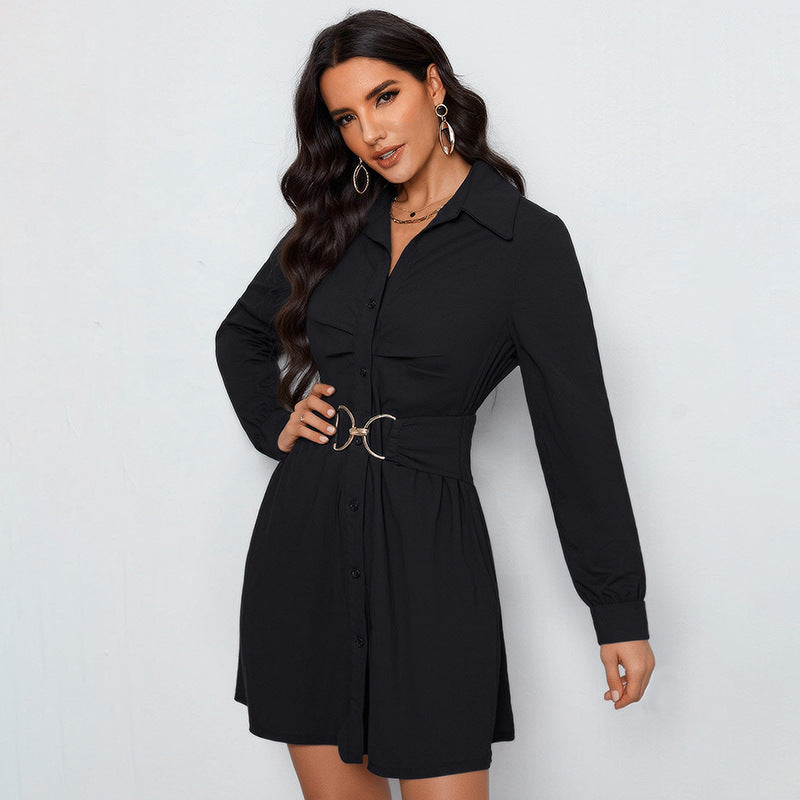Damen Hemdblusenkleid mit figurbetonendem Taillengürtel und dekorativer Doppelschnalle Drune