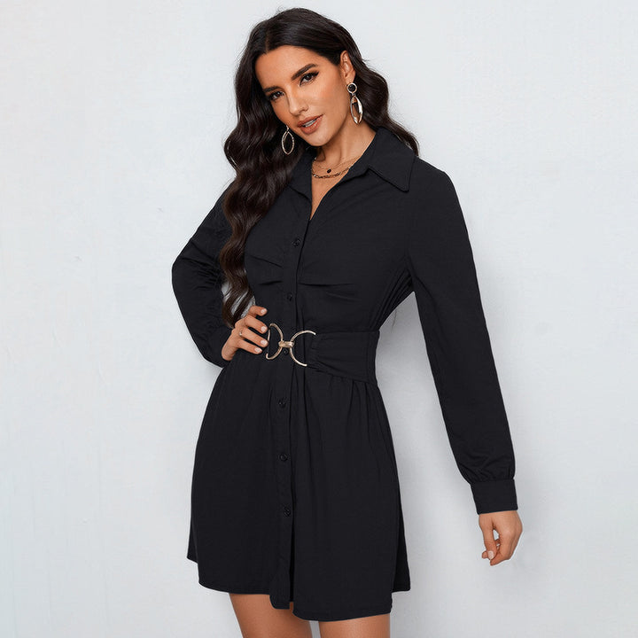 Damen Hemdblusenkleid mit figurbetonendem Taillengürtel und dekorativer Doppelschnalle Drune