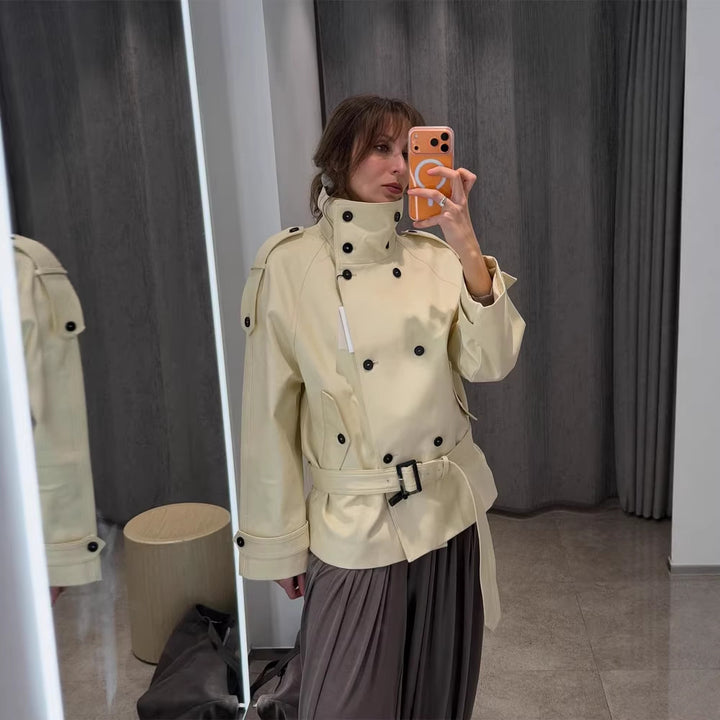 Damen Kurze doppeltknöpfte Trenchjacke mit hohem Stehkragen und Taillengürtel Drune