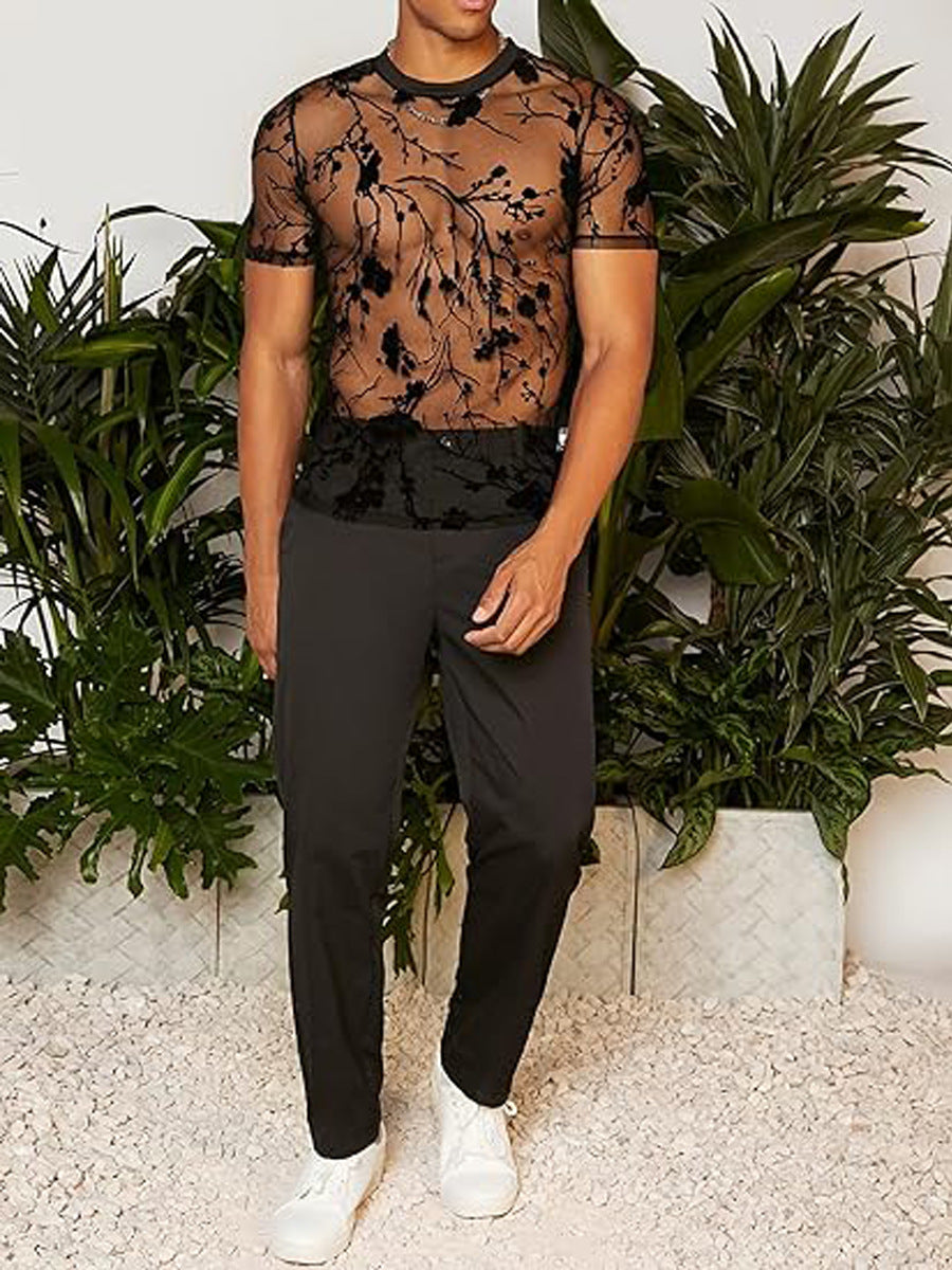 Herren Netz-T-Shirt mit floralem Design und elastischen Abschlüssen Drune