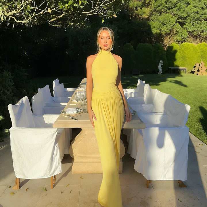 Damen elegantes Maxikleid mit hochgeschlossener Silhouette und fließendem Stoff Drune