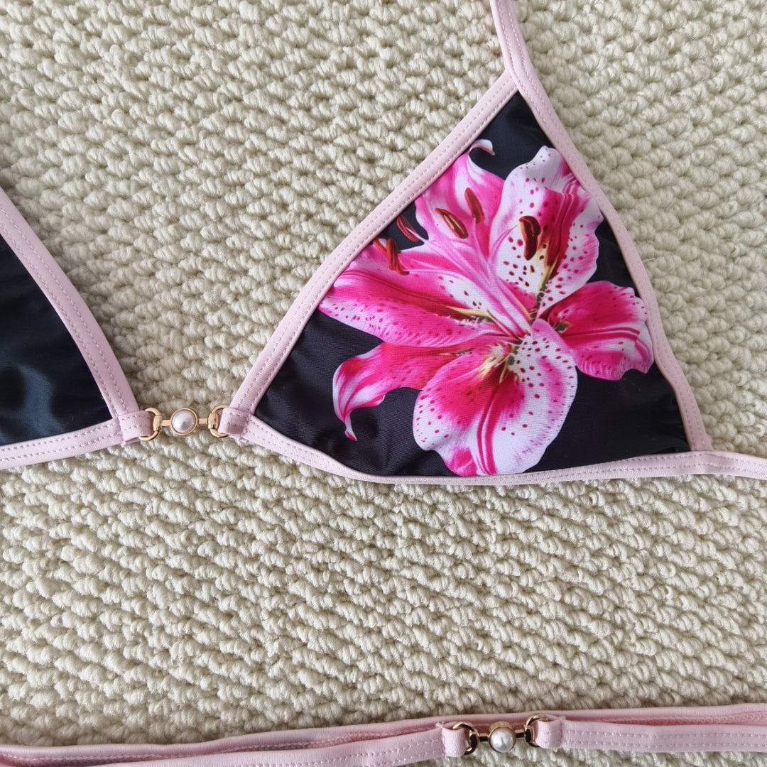 Damen Triangel-Bikini mit floralen Akzenten und verstellbaren Bändern Drune