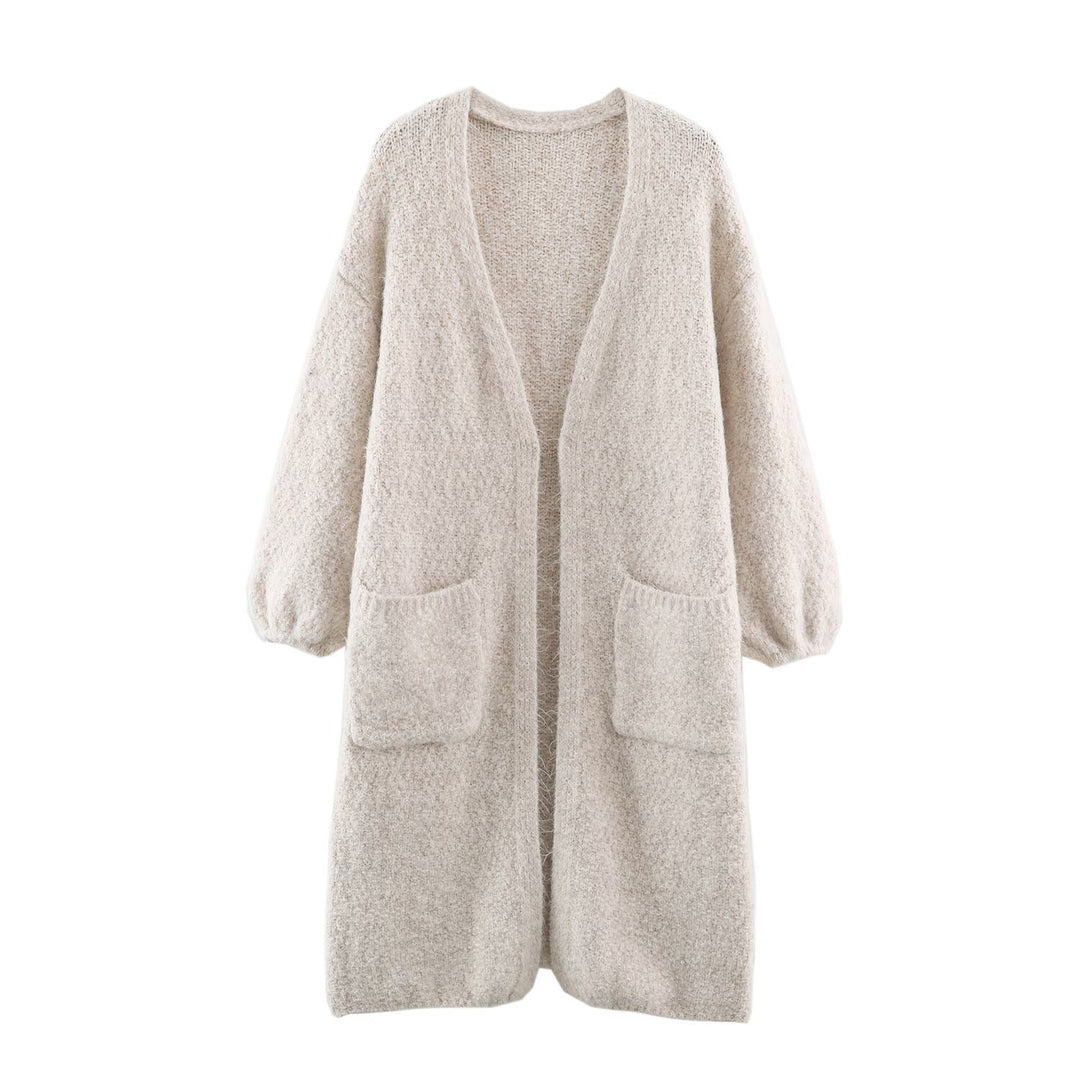 Damen Oversize Strickmantel mit V‑Ausschnitt, kuscheliger Bouclé‑Optik und aufgesetzten Taschen Drune