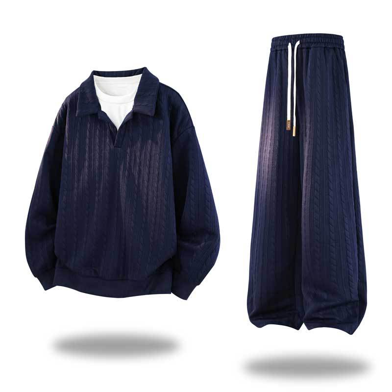 Herren Oversize Strukturiertes Lounge‑Set mit Polokragen, Zopfmuster‑Optik & weitem Bein Drune