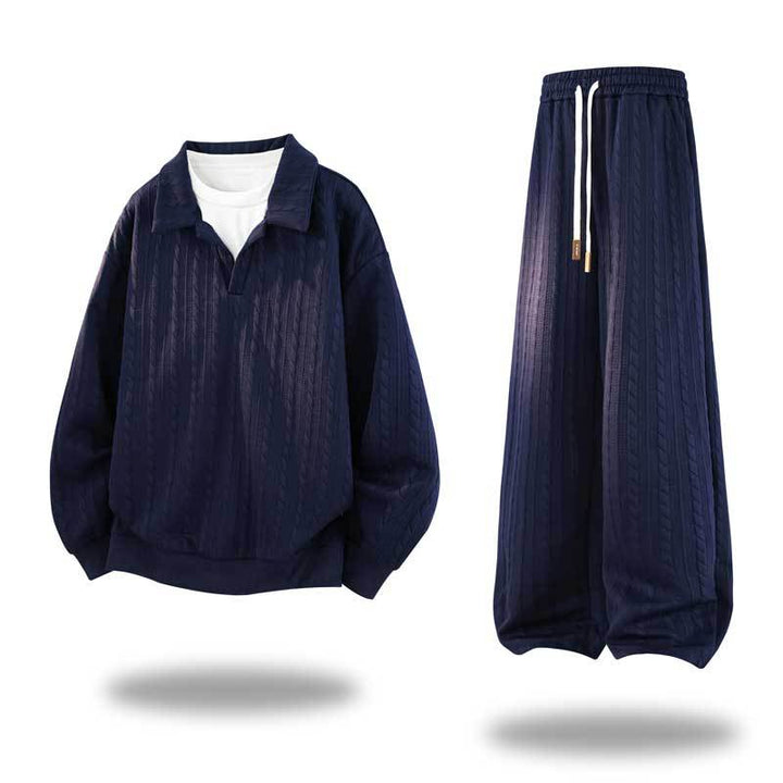Herren Oversize Strukturiertes Lounge‑Set mit Polokragen, Zopfmuster‑Optik & weitem Bein Drune