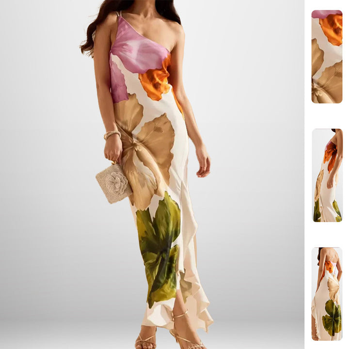 Damen Maxikleid mit Blumenmuster und asymmetrischem Ausschnitt Drune