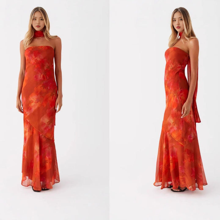 Damen Elegantes Langarm Abendkleid im Blumendesign Drune