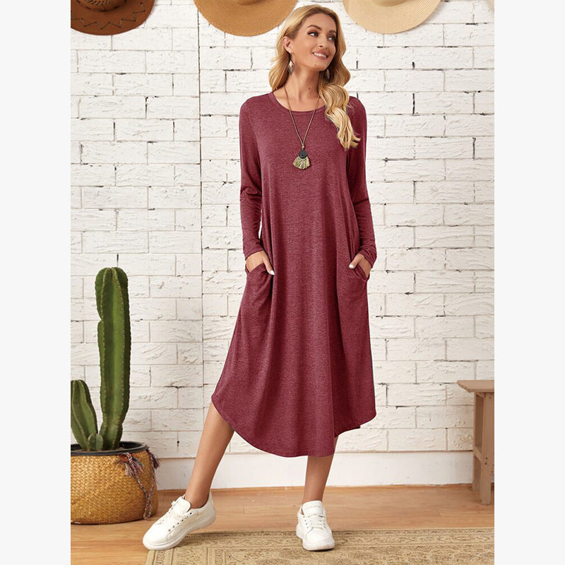 Damen Lässiges Langarm-Kleid mit praktischen Taschen Drune