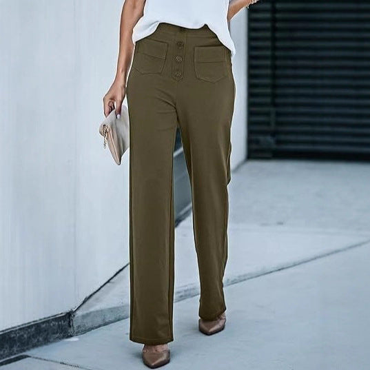 Damen Hochtaillierte weite Hose mit Knopfleiste und aufgesetzten Taschen Drune