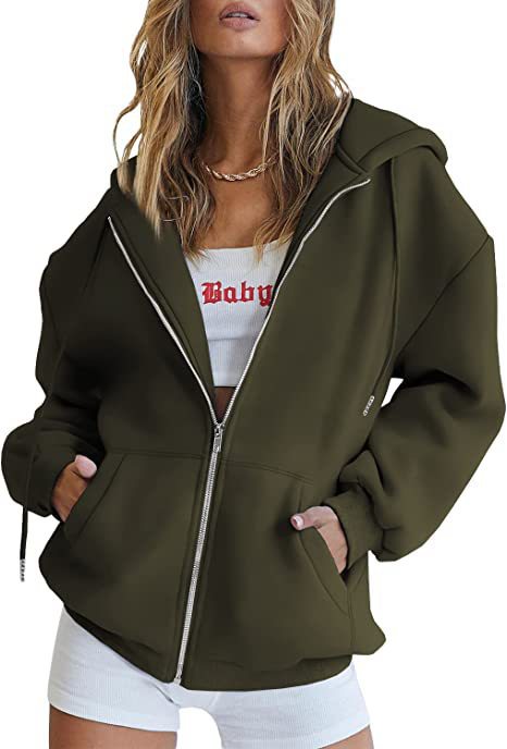 Damen nan oversized Kapuzenjacke mit durchgehendem Reißverschluss Kängurutaschen und weichem Sweatmaterial Drune