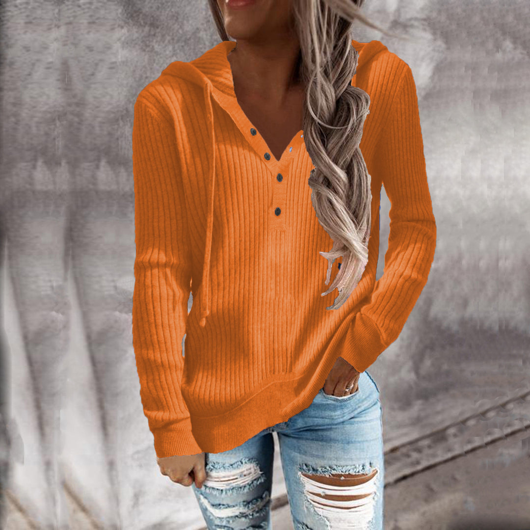 Damen Lässiger gerippter Hoodie-Pullover mit Henley-Knopfleiste und Tunnelzug Drune