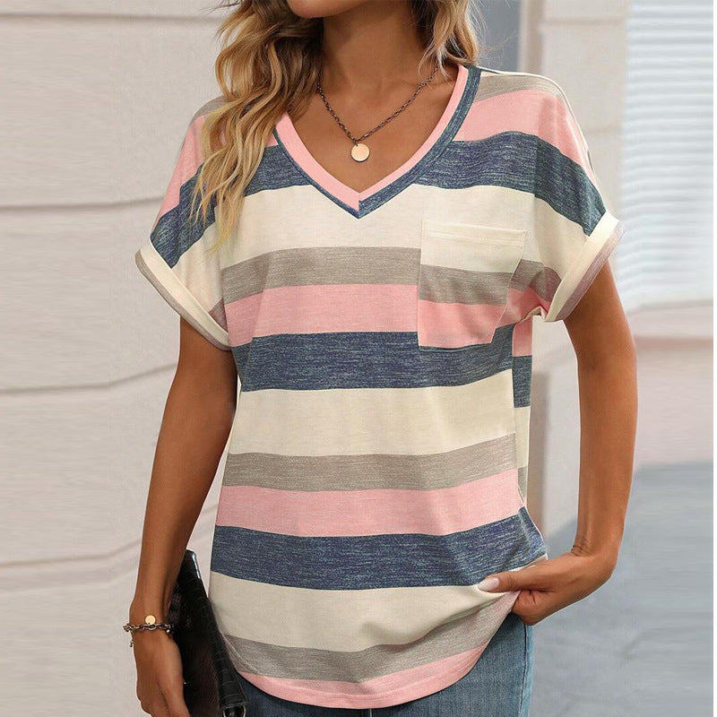 Damen V-Ausschnitt Kurzarmshirt mit Streifenmuster Drune
