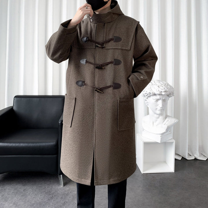 Herren Langer Wollmix Dufflecoat mit Kapuze, Knebelverschlüssen und aufgesetzten Taschen Drune