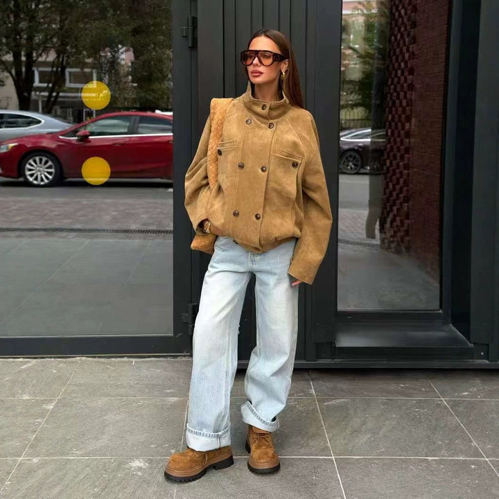 Damen Kurze doppeltreihige Veloursjacke mit Stehkragen, Ballonärmeln und aufgesetzten Taschen Drune