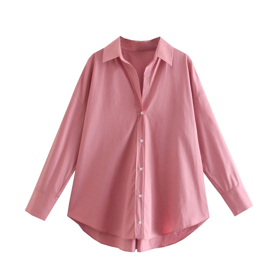 Damen nan oversized Longbluse mit Kentkragen, durchgehender Knopfleiste und abgerundetem Saum Drune