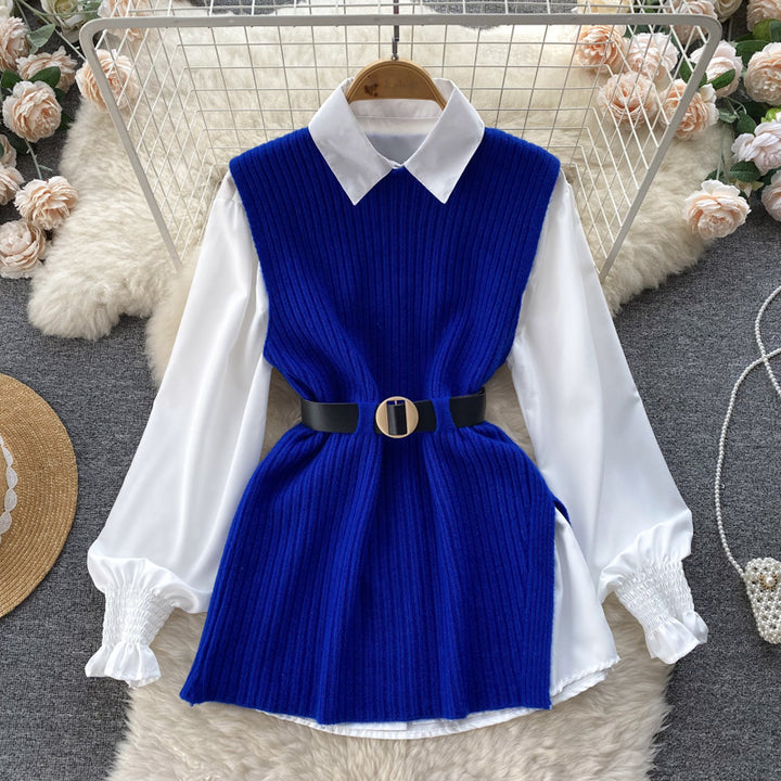 Damen Lagenlook-Bluse mit Rippstrick-Überwurf und Taillengürtel Drune