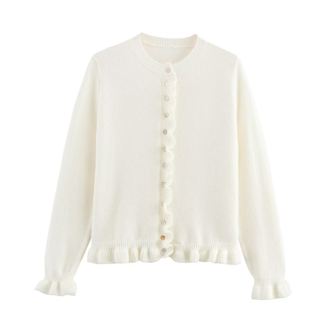 Damen Strickjacke mit dekorativem Rüschensaum und Knopfverschluss Drune