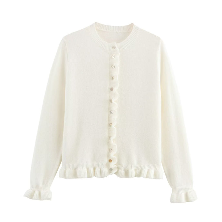 Damen Strickjacke mit dekorativem Rüschensaum und Knopfverschluss Drune