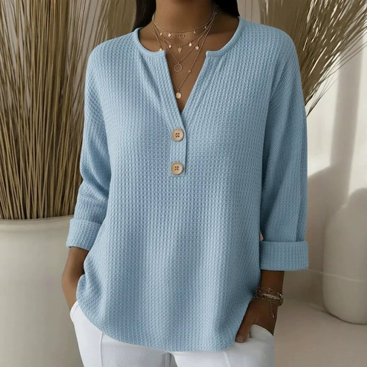 Damen nan Waffelstruktur Henley-Shirt mit V-Ausschnitt kurze Knopfleiste und krempelbaren 3/4-Ärmeln Drune