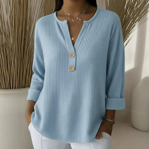 Damen nan Waffelstruktur Henley-Shirt mit V-Ausschnitt kurze Knopfleiste und krempelbaren 3/4-Ärmeln Drune