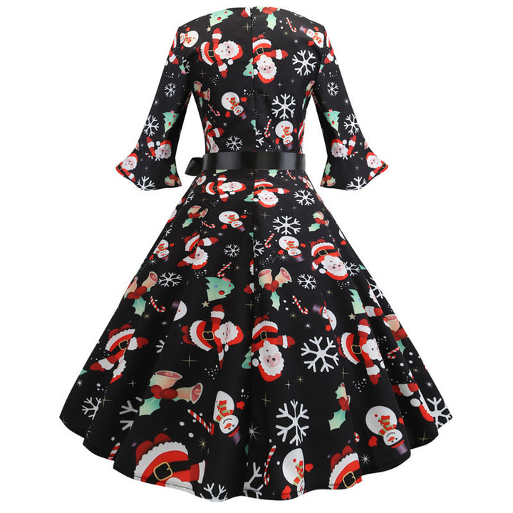 Damen Weihnachtsfestliches Kleid mit schwingendem Rock und langen Ärmeln Drune