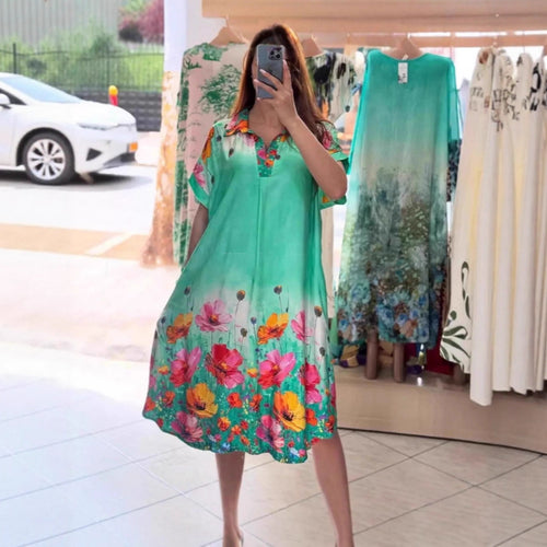 Damen nan leichtes Hemdblusenkleid mit floralem Bordürenprint, offenem V‑Ausschnitt und Einschubtaschen Drune