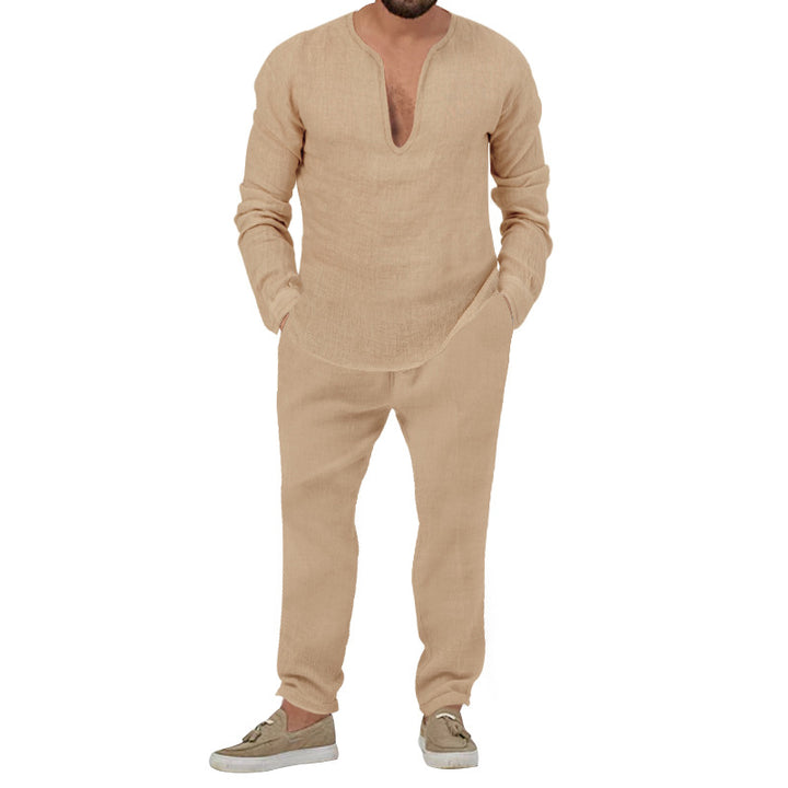 Herren lässiges Leinen-Outfit mit tiefem V-Ausschnitt und elastischem Bund Drune
