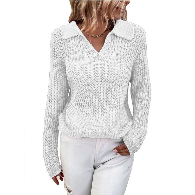 Damen V-Ausschnitt Strickpullover mit Kragen Drune