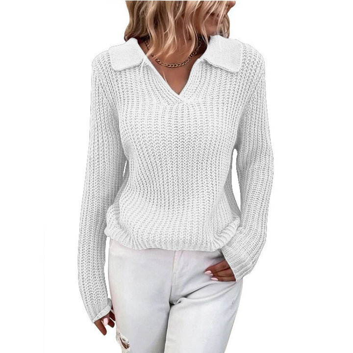 Damen V-Ausschnitt Strickpullover mit Kragen Drune
