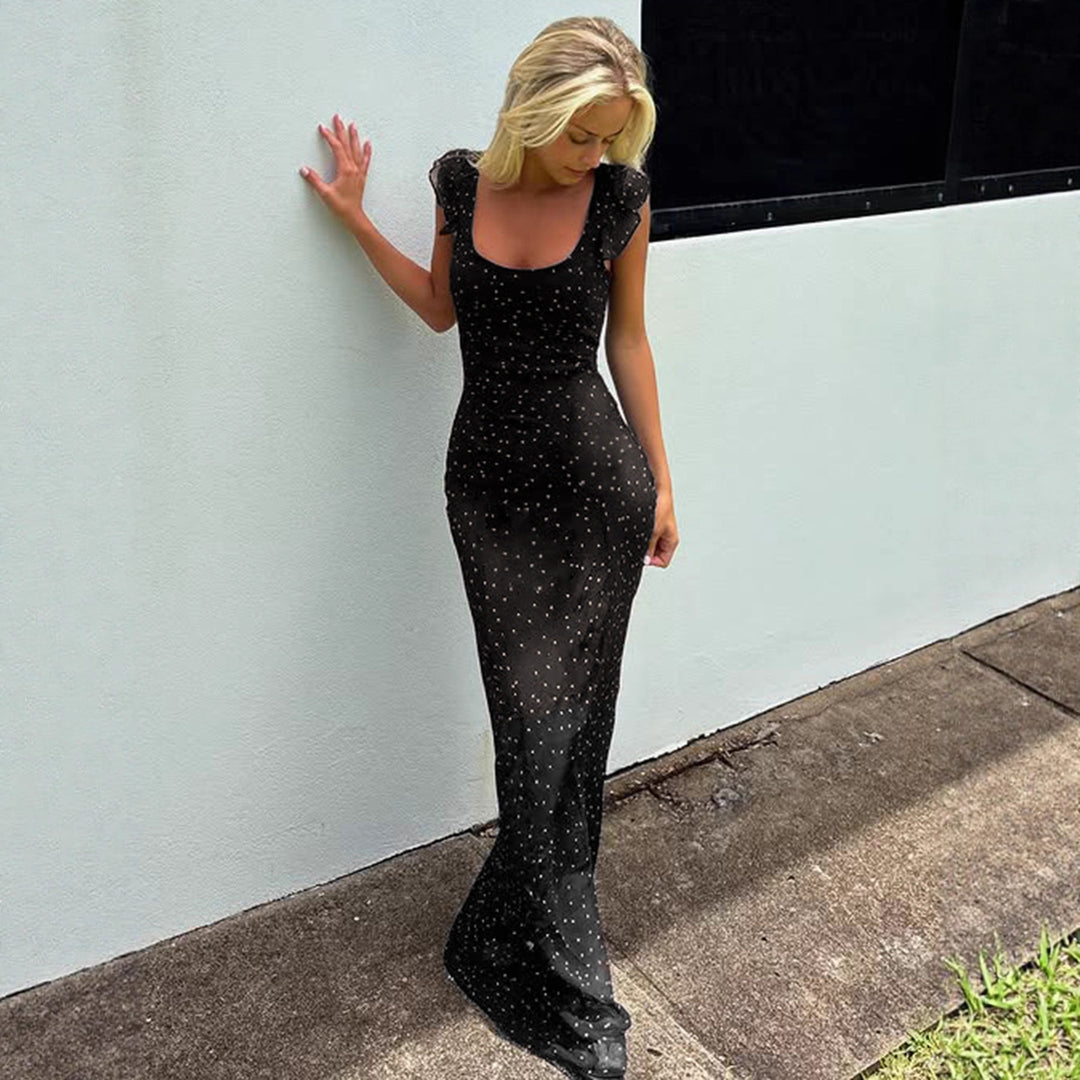 Damen Maxikleid mit feinem Punktmuster und Spaghettiträgern Drune