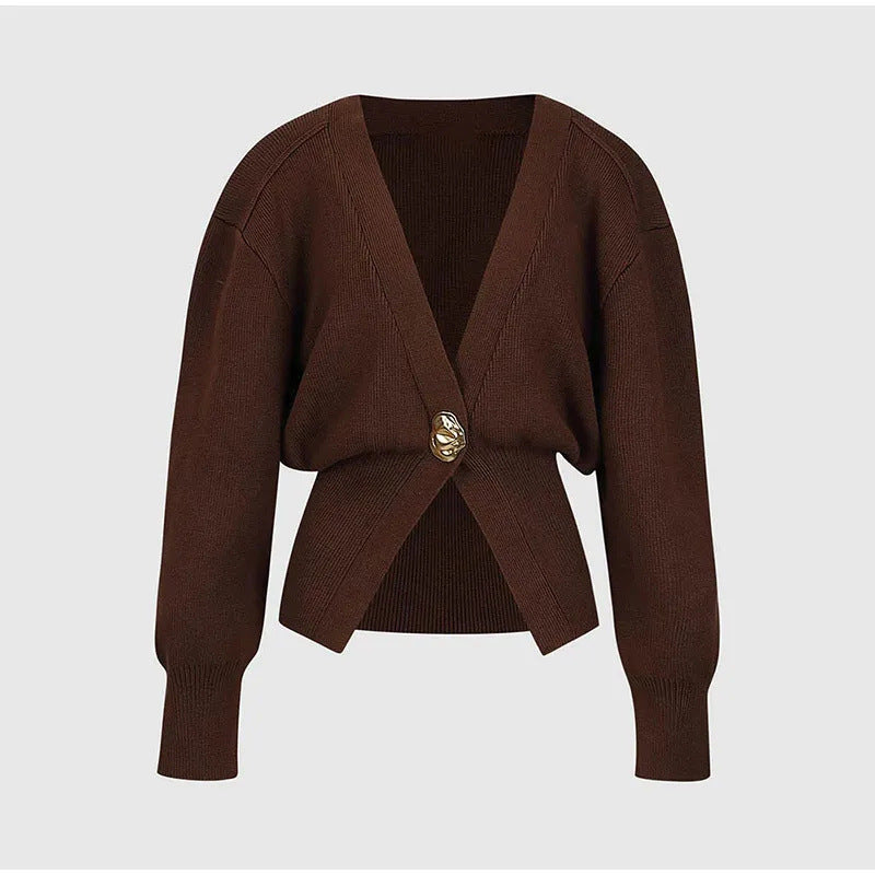 Damen 500+ Cropped‑Cardigan mit Taillenraffung, tiefem V‑Ausschnitt und großem Zierknopf Drune