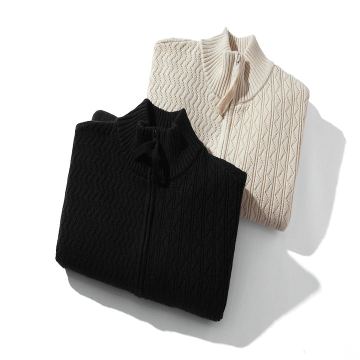 Unisex strukturierte Strick‑Zipjacke mit hohem Rippkragen und Kängurutaschen Drune