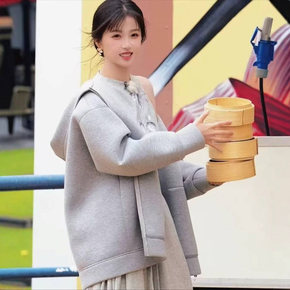 Damen 70+ Oversize Kapuzenjacke mit Reißverschluss, Kängurutaschen und verlängertem Saum Drune