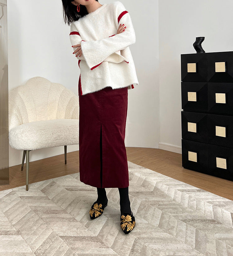 Damen Eleganter Cord Midi-Rock mit Schlitz Drune
