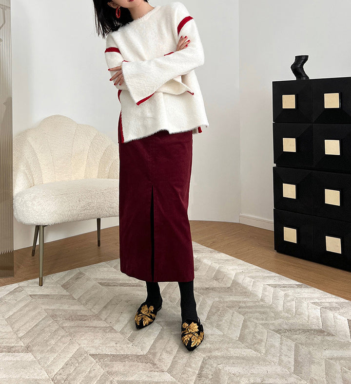 Damen Eleganter Cord Midi-Rock mit Schlitz Drune