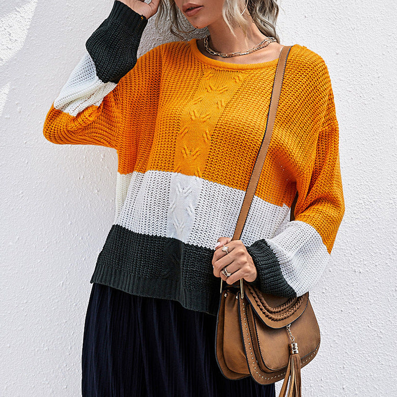 Damen Colorblock-Slouchy-Strickpullover mit Zopfmix und überschnittener Schulter Drune