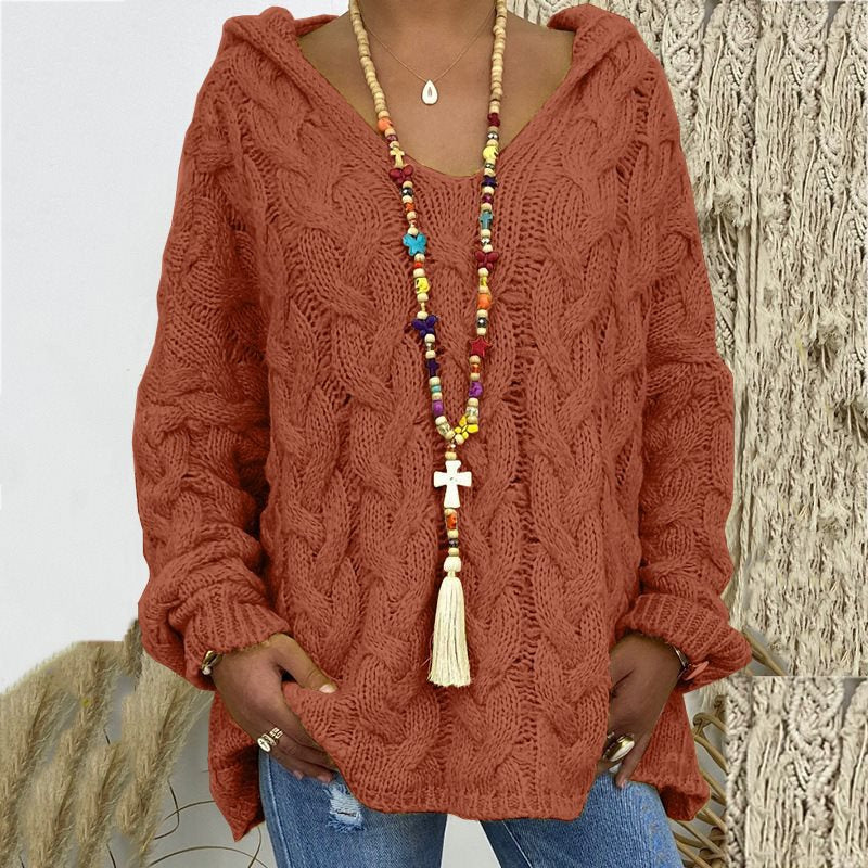 Damen Oversized Zopfmuster-Strickpullover mit Kapuze und lässigem V‑Ausschnitt Drune