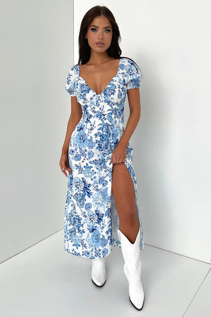 Damen Sommerliches Maxi-Kleid mit floralem Muster und elegantem Schlitz Drune