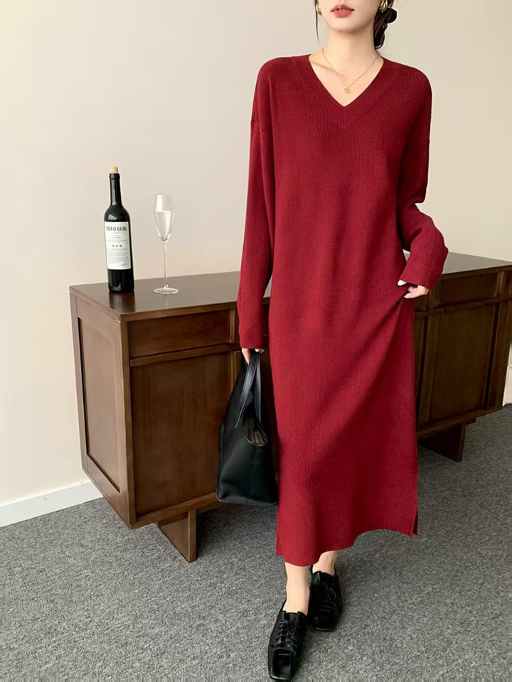 Damen Langes Feinstrick-Midikleid mit V‑Ausschnitt, Seitenschlitz und entspannter Silhouette Drune