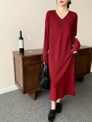 Damen Langes Feinstrick-Midikleid mit V‑Ausschnitt, Seitenschlitz und entspannter Silhouette Drune