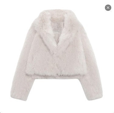Damen Cropped Kunstpelz-Kurzjacke mit extravoluminösem Schalkragen Drune