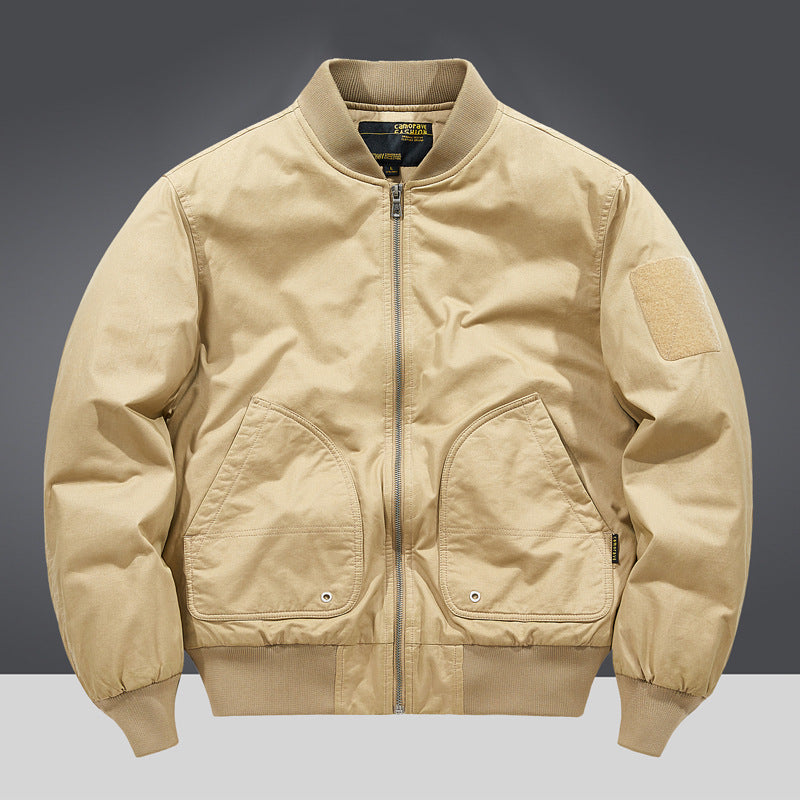Men's  military-inspired heavyweight cotton bomber jacket with curved flap utility pockets and sleeve velcro patch Drune