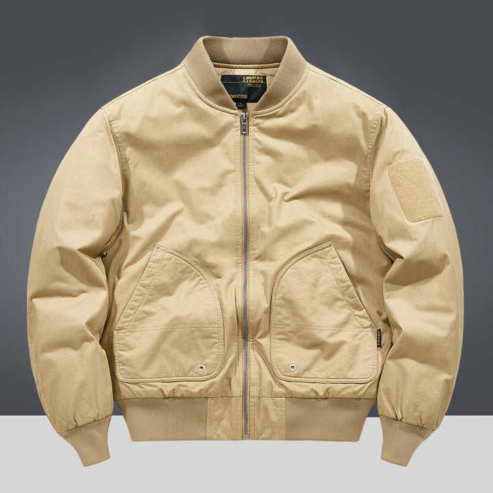 Men's  military-inspired heavyweight cotton bomber jacket with curved flap utility pockets and sleeve velcro patch Drune
