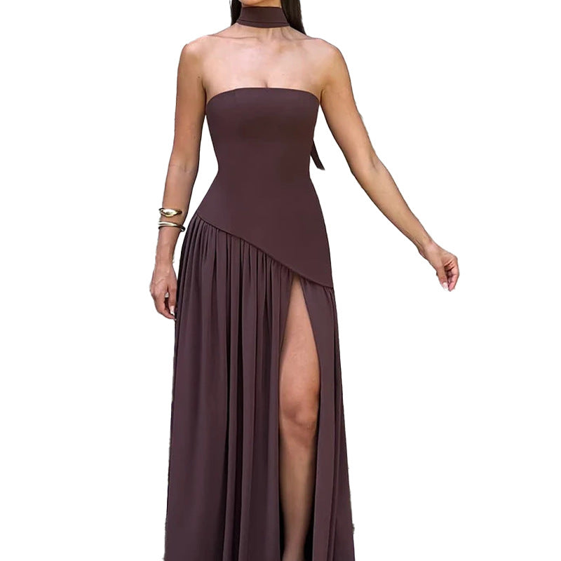 Damen Maxikleid mit trägerlosem Oberteil und hohem Schlitz Drune